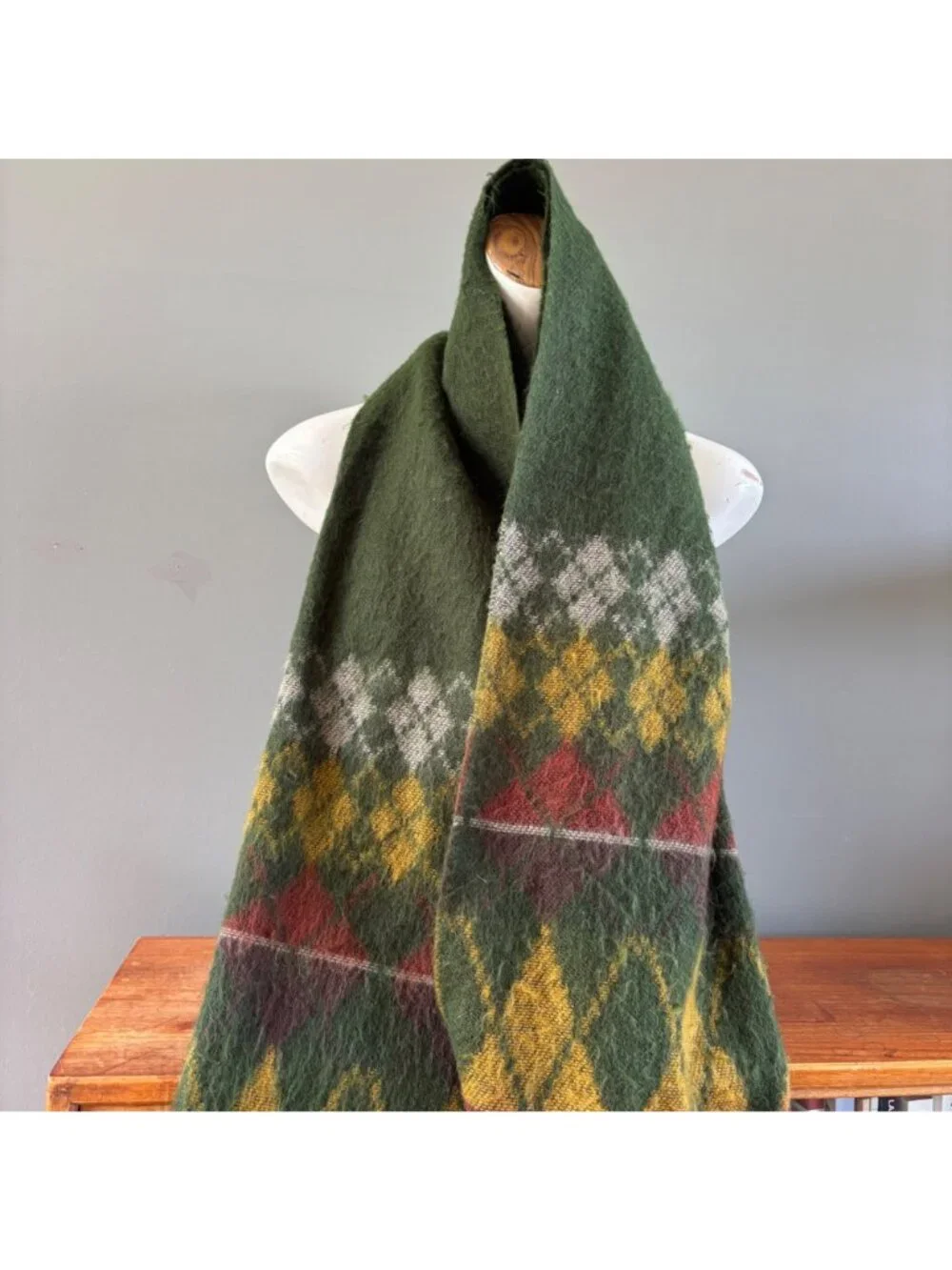 Vintage Scarf Fendi Italy Wool Green Yellow Argyle Plaid Designer Fringe Warm